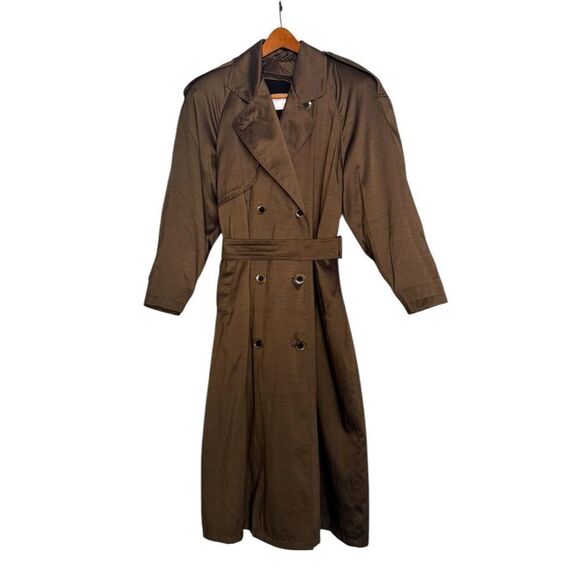 Vintage Jones New York 90’s Olive Green Iridescent Double Breasted Trench Coat 6 - Picture 1 of 16